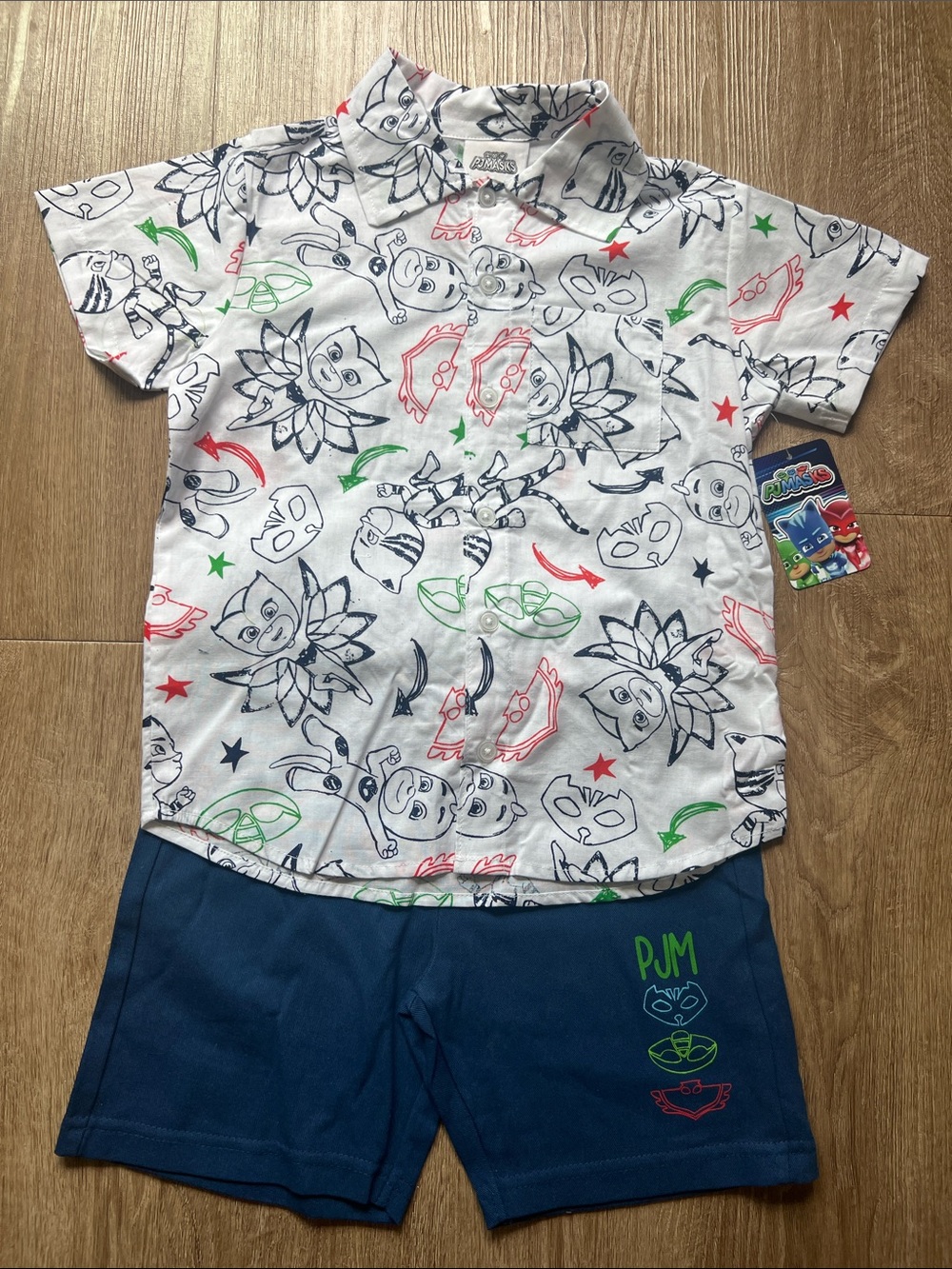 NWT PJ Masks Boy’s Short-Sleeve Button Down Shirt With Matching Shorts Size 5